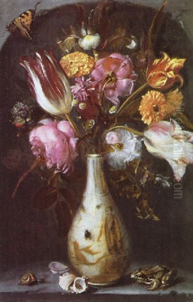 A Still Life Of Tulips, Roses, An Iris, Carnations And Other Flowers In A Chinese Vase With A Frog, A Snail And Other Insects by Jacob Woutersz Vosmaer