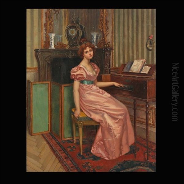 Lady At Spinet Oil Painting by Carl Leopold Voss