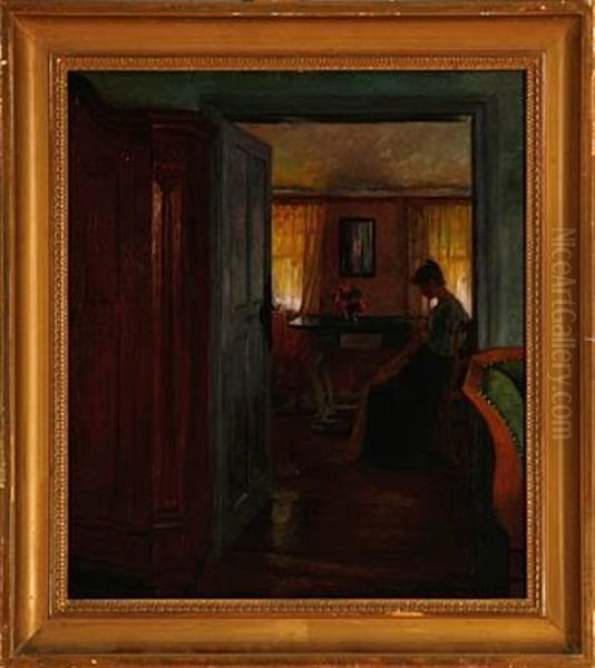 An Interior With A Woman Sewing By The Window Oil Painting by Carl Leopold Voss