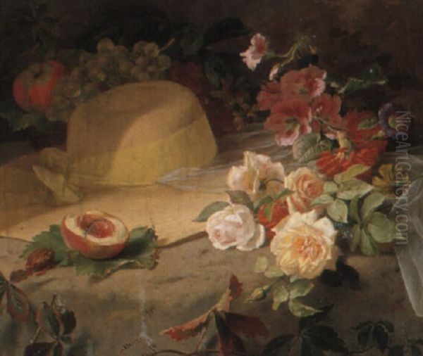 Flowers On A Straw Hat Oil Painting by Carl Leopold Voss