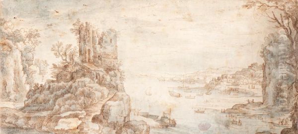 View Of A Ruined Castle And A Busy Port Oil Painting by Paul Bril