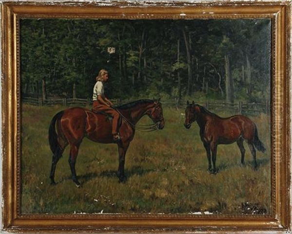 Two Fenced Bay Horses And Rider Oil Painting by Franklin Brook Voss