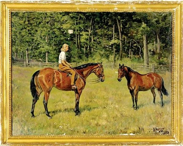 Two Fenced Bay Horses And Rider Oil Painting by Franklin Brook Voss