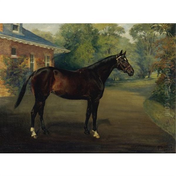 A Bay Horse Outside A Home Oil Painting by Franklin Brook Voss