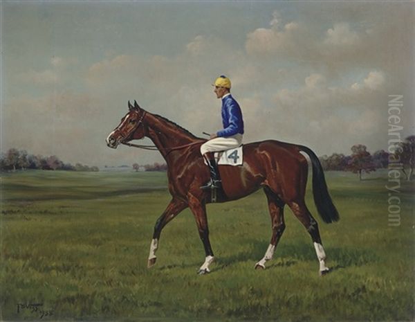 A Bay Racehorse With Jockey Up Oil Painting by Franklin Brook Voss