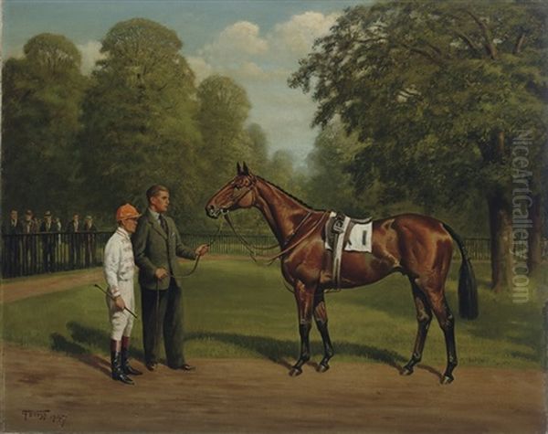 Burma Road In The Saddling Paddock With His Trainer And Jockey Oil Painting by Franklin Brook Voss