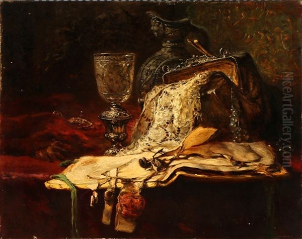 Still Life With A Glas, A Bag, A Mug And Documents On A Table Oil Painting by Maria Voss