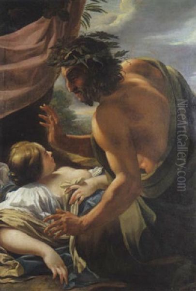 Nymphe Et Satyre Oil Painting by Aubin Vouet