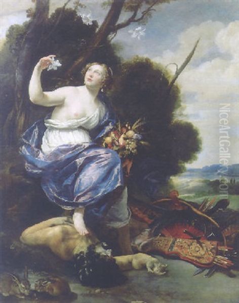 An Allegory Of Abundance: A Vanquished Soldier At The Feet Of A Maiden Holding A Lily And A Basket Fruit Oil Painting by Aubin Vouet