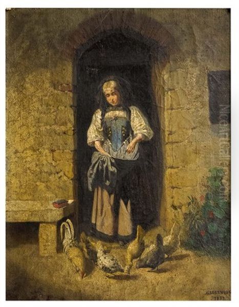 Fermiere Nourrissant Ses Poules Oil Painting by Albert Vouga