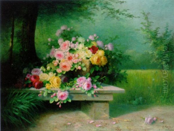 Roses In A Basket On A Stone Plinth Oil Painting by Emile Vouga