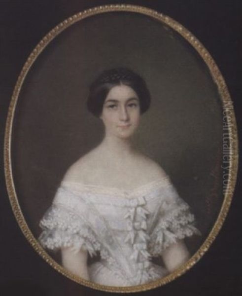 A Lady Wearing White Dress, The Bodice With Lace And Ribbon Bow Trim, The Sleeves With Layers Of Floral Motif Lace, Her Hair Centre-parted, Upswept And Held With A Plait Oil Painting by Anne Nicole Voullemier