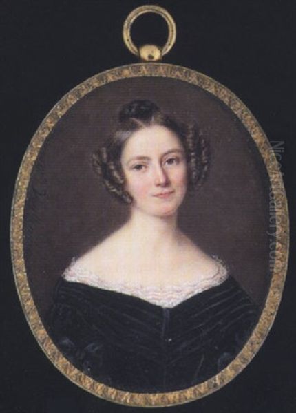 A Lady Wearing Low-cut Black Dress With White Lace Underslip, Her Hair In A Bun And With Ringlets Oil Painting by Anne Nicole Voullemier