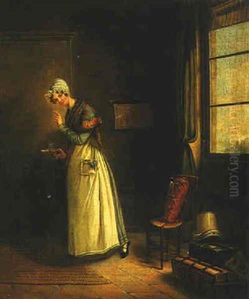 A Female Servant Standing At The Door Of A Bedchamber Oil Painting by Anne Nicole Voullemier