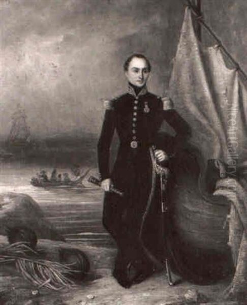 Portrait Du Prince De Joinville (1818-1900), De Plein-pied, En Uniforme D'officier De Marine Sur La Cote Tahitienne, Oil Painting by Anne Nicole Voullemier