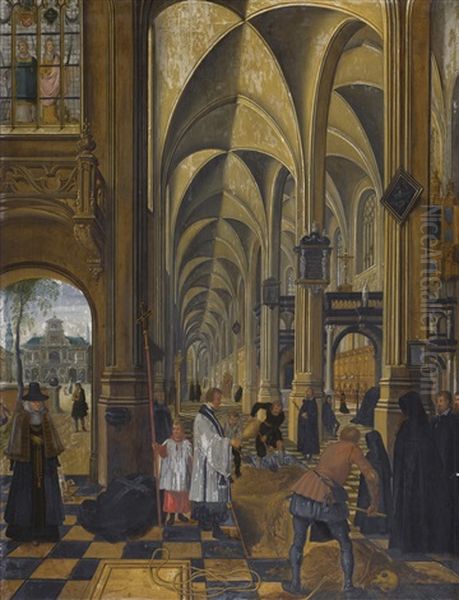 Church Interior, With Figures Performing The Work Of Charity, Burying The Dead Oil Painting by Sebastian Vrancx