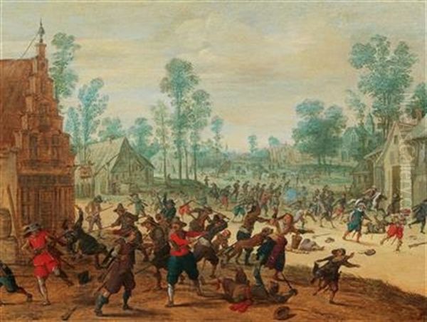 Soldiers Fighting In A Village Oil Painting by Sebastian Vrancx