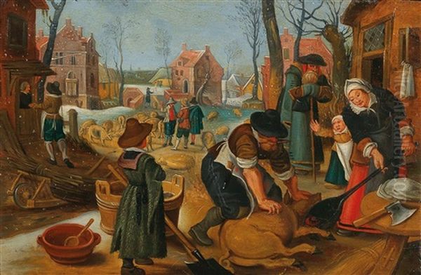 A Village Scene In Winter With The Slaying Of A Pig Oil Painting by Sebastian Vrancx