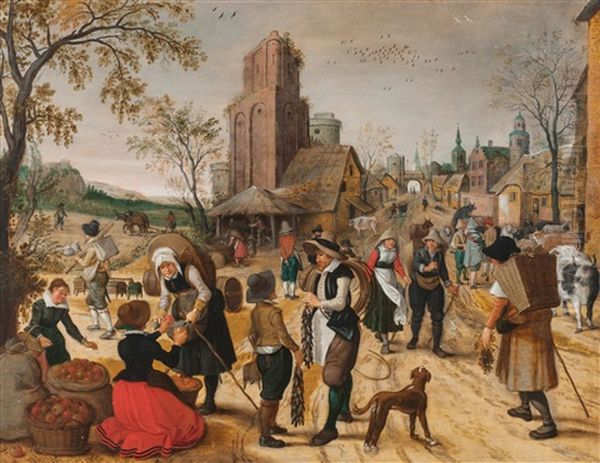 An Autumnal Market Scene In A Village Oil Painting by Sebastian Vrancx