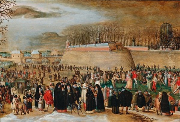 A Winter Landscape With A Carnival Scene Near The Kipdorppoort Bastion In Antwerp Oil Painting by Sebastian Vrancx