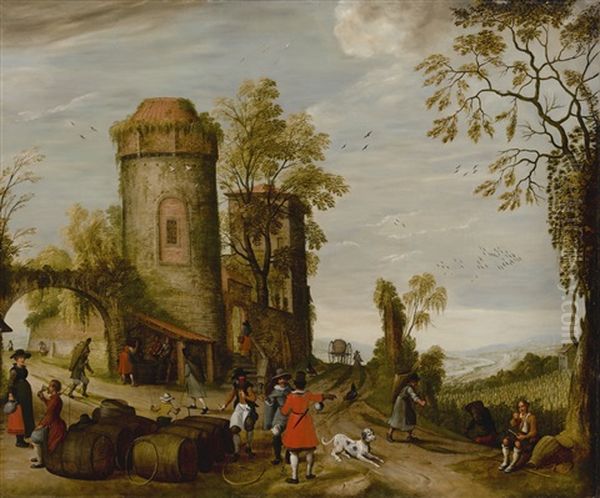 Autumn Landscape With Figures Picking Grapes And Tasting Wine Oil Painting by Sebastian Vrancx