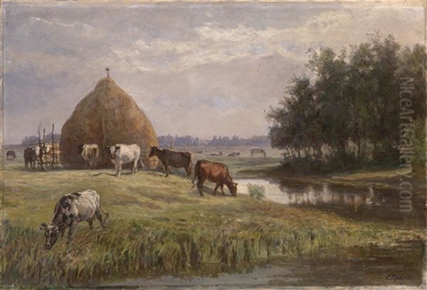 Herd Grazing By A River Oil Painting by Elena Karlovna Vrangel