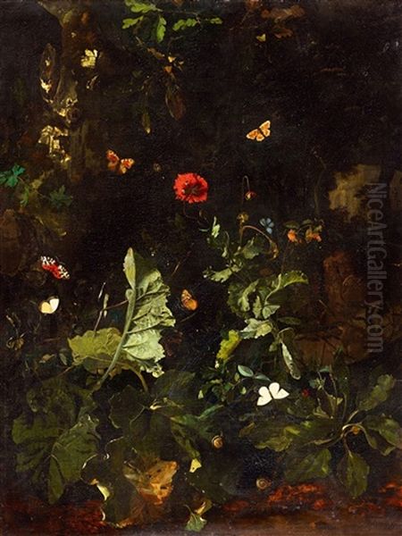 A Forest Still Life With Butterflies Oil Painting by Nicolaes de Vree