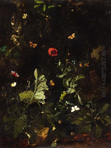 A Forest Still Life With Butterflies Oil Painting by Nicolaes de Vree