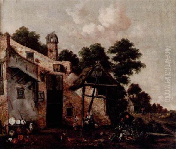 Gardsbild Med Figurer Och Pickande Hons Oil Painting by Nicolaes de Vree