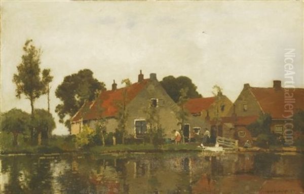 A Landscape With Riverside Houses Oil Painting by Cornelis Vreedenburgh