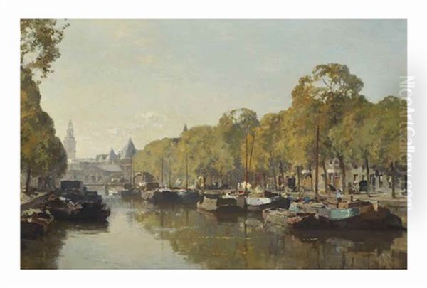 A View On The Geldersekade With The Nieuwmarkt In The Distance, Amsterdam Oil Painting by Cornelis Vreedenburgh