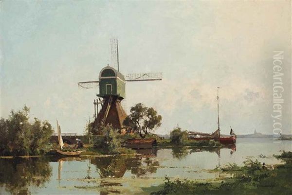 A Windmill In A Serene Landscape Oil Painting by Cornelis Vreedenburgh