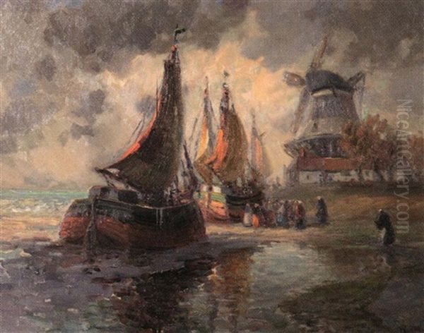 Sailboats At Harbor With Windmill Oil Painting by Francis William Van Vreeland