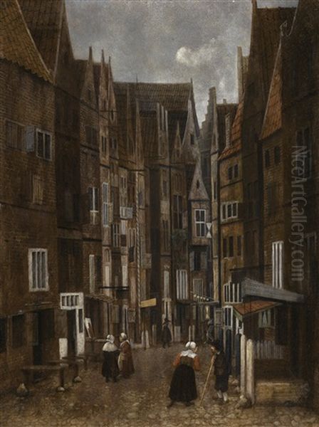 A Cobbled Street In A Town With People Conversing Oil Painting by Jacobus Vrel