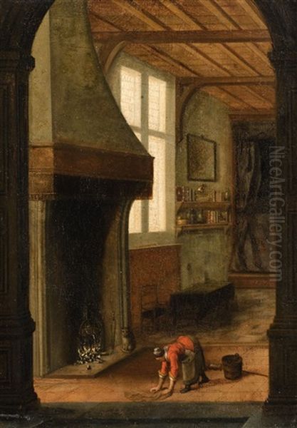 Interior Scene With A Woman Cleaning Oil Painting by Jacobus Vrel