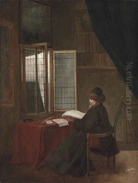 An Old Man Seated At His Desk Before An Open Window, Holding A Book Oil Painting by Jacobus Vrel