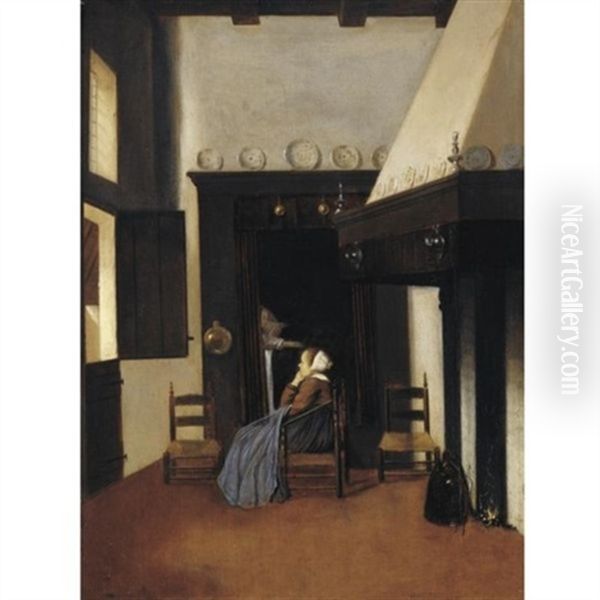 A Young Woman In An Interior, Keeping Watch Over An Invalid: The Little Nurse Oil Painting by Jacobus Vrel