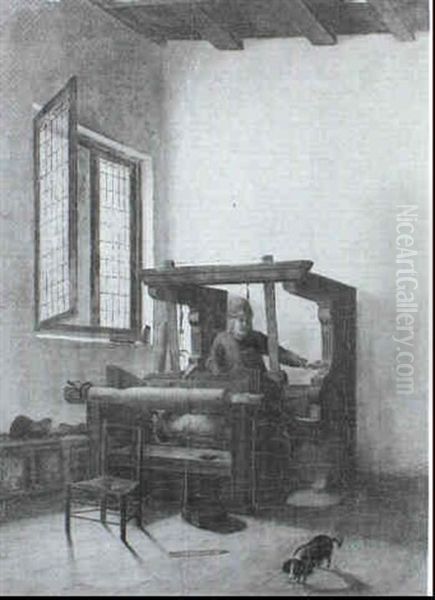 A Peasant Working At A Loom In An Interior Oil Painting by Jacobus Vrel