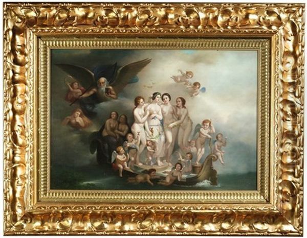 Venus Mit Den Drei Grazien Und Zahlreichen Putti In Einem Nachen, Von Kronos Begleitet Oil Painting by Juliaan de Vriendt