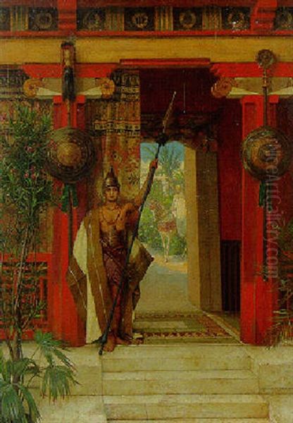 An Oriental Guard On The Porch Of A Palace Garden Oil Painting by Juliaan de Vriendt