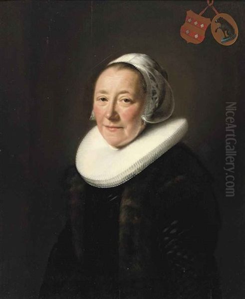 Portrait Of An Elegant Lady (erminia Van Beresteyn?), In A Black Dress With Fur Jacket, A Molensteen Kraag And White Headdress Oil Painting by Abraham de Vries