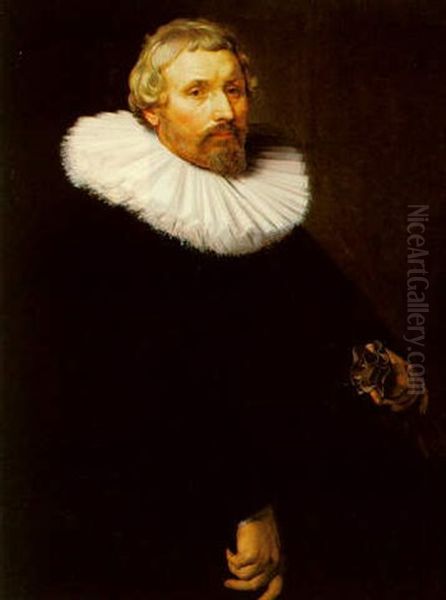 A Portrait Of A Man Aged 53, Dressed In Black With A Lace Collar Oil Painting by Abraham de Vries