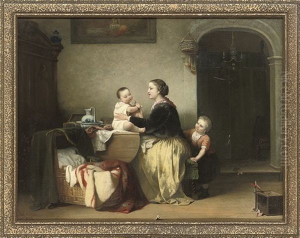 A Mother And Her Children Playing In An Interior Oil Painting by Anthony De Vries