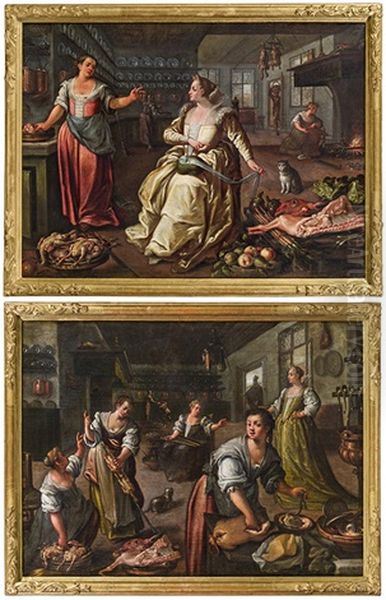 Kitchen Scenes (a Pair) Oil Painting by Dirck De Vries