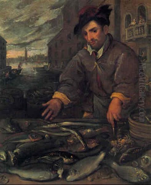 Parti Fra Venedig Med Fiskehandler, Der Praesenterer Sine Varer Oil Painting by Dirck De Vries