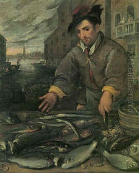 Parti Fra Venedig Med Fiskehandler, Der Viser Sine Varer Frem Oil Painting by Dirck De Vries