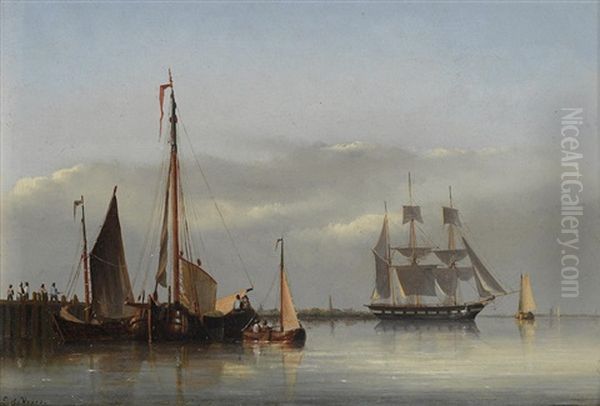 Dutch Harbor Scenes (a Pair) Oil Painting by Emanuel De Vries