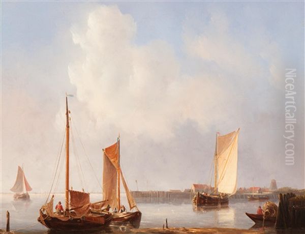 Moored Ships In The Inner Harbour Oil Painting by Emanuel De Vries