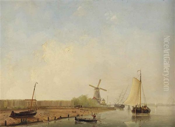 Ships On A Calm River Near A Shipyard Oil Painting by Emanuel De Vries