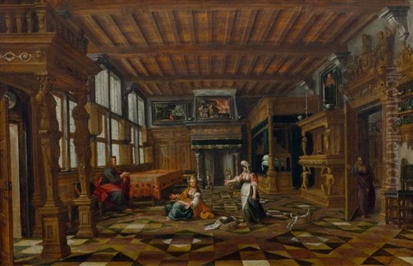 Interior With Biblical Scene (jesus With Mary And Martha) Oil Painting by Hans Vredeman (Jan) de Vries